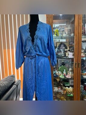 2 piece Women's Blue Lace-Trim Satin pajama set with Waist Tie